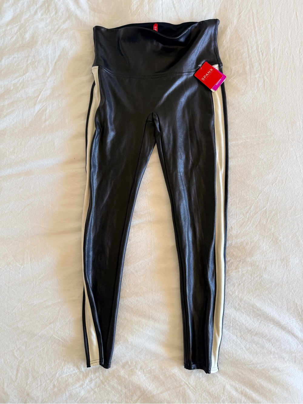 SPANX Faux Leather Stripe Leggings Black White Size Large NWT